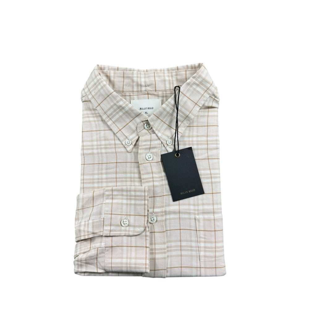 Billy Reid Tan Checked Offset Pocket Mens Cotton Button Front Shirt XL 102-1324